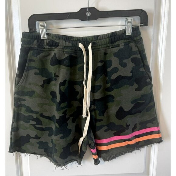 NWT Sundry Women Size S/1 Green Camo Fleece Drawstring Sweat Shorts Neon Stripes - Picture 1 of 5